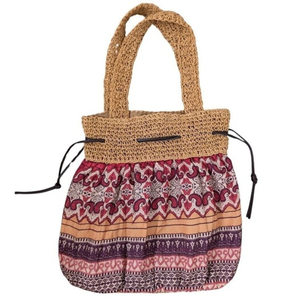 Boho Tote Shoulder Cinch Bag‎ Drawstring Closure Woven Straw Geometric Pattern - Picture 13 of 14